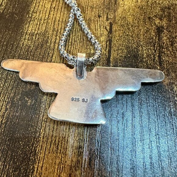 Native American Handcrafted Thunderbird Turquoise and Silver Pendant Necklace, - Picture 7 of 11